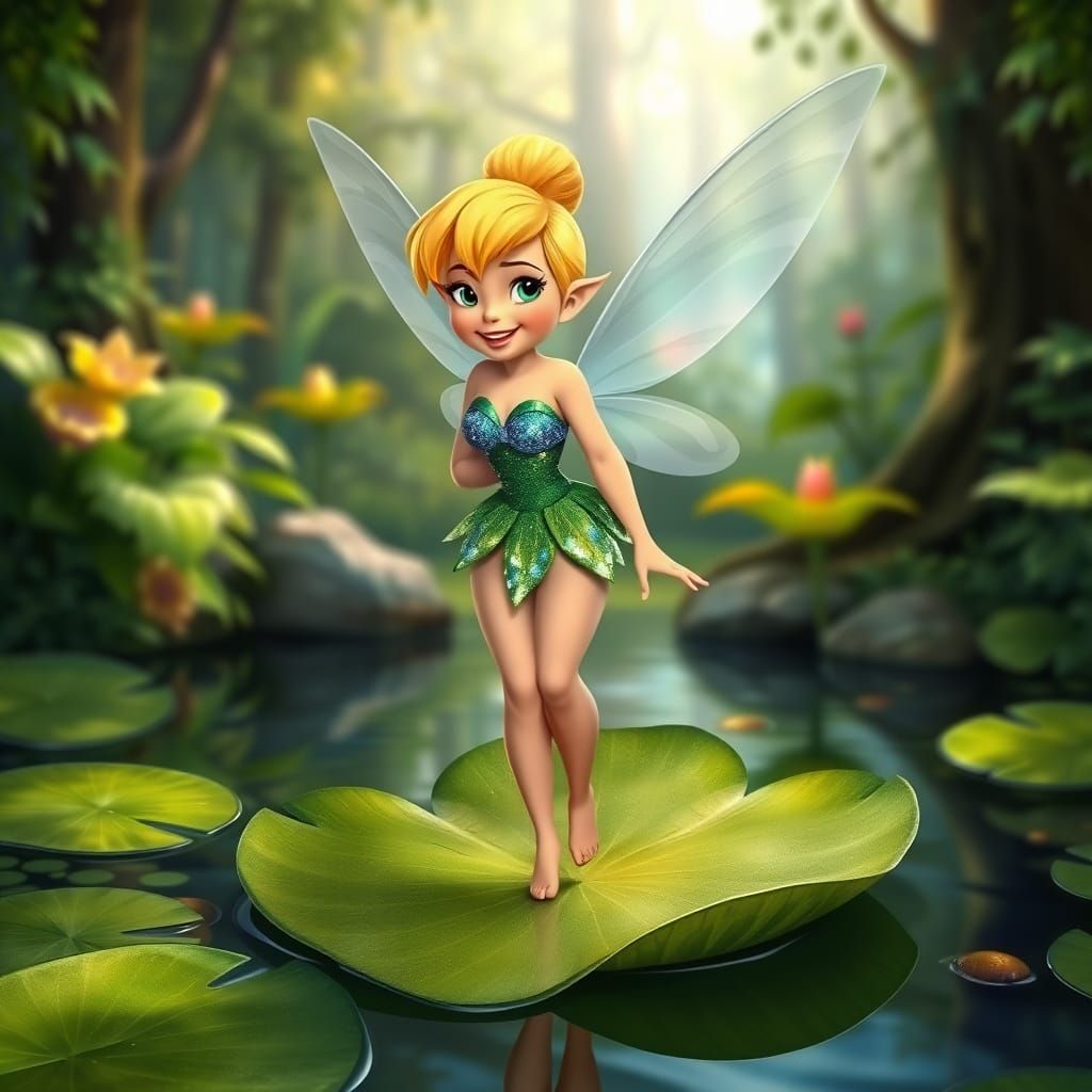 Tinkerbell Ready to Dive into Forest Pond