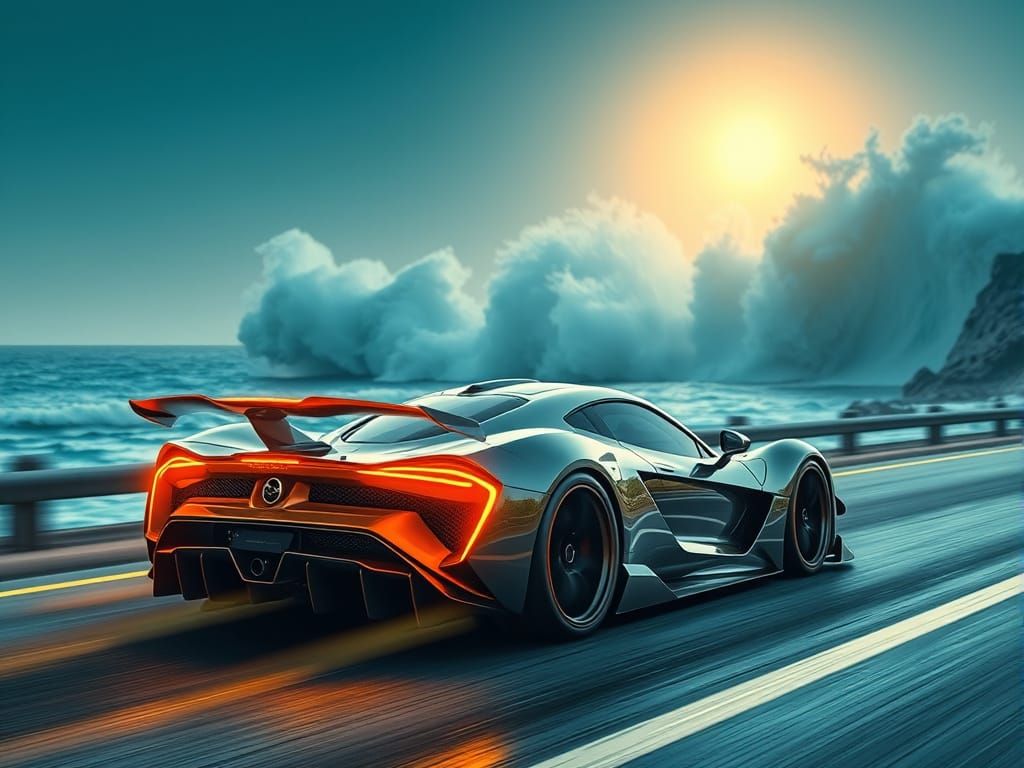 Rear-Wheel Drive Sports Car Cruises Along Futuristic Highway