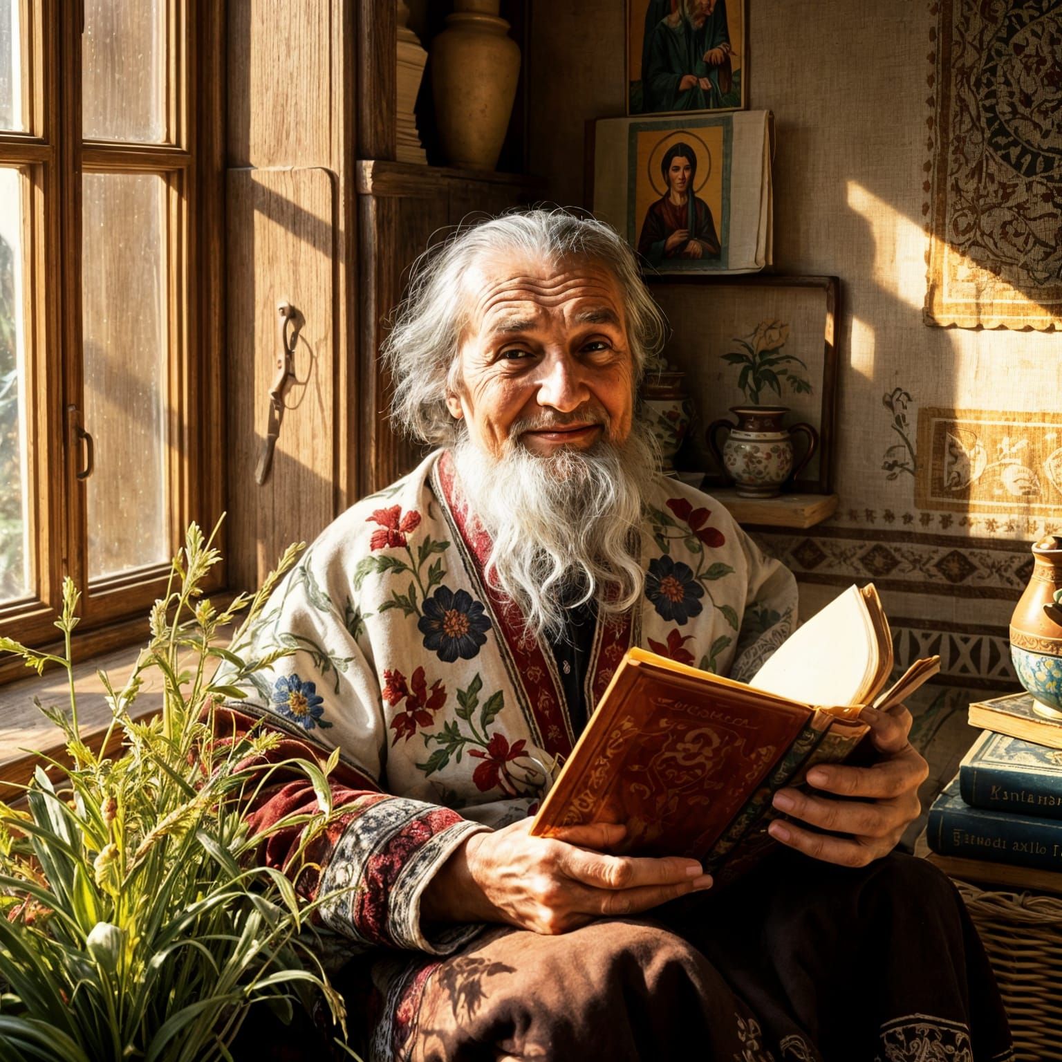 Warm Ukrainian Folk Art Scene with Wise Elder