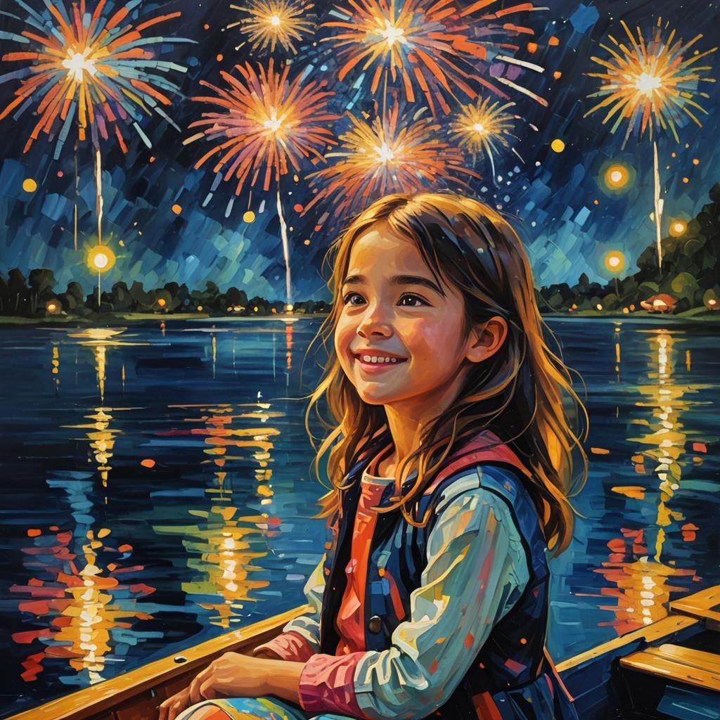 Girl Watching Fireworks: Neo-Impressionist Oil Painting