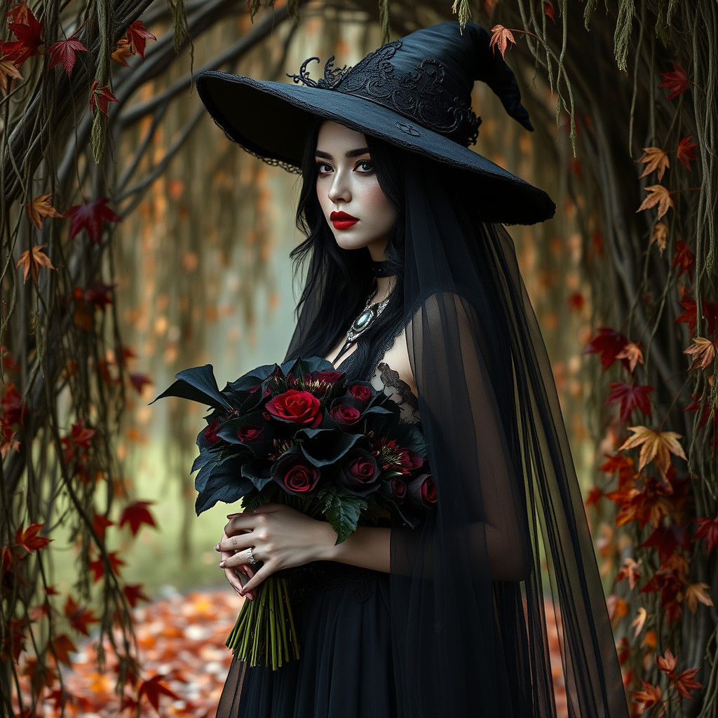 Ethereal Woman in Black Gown with Dark Flowers