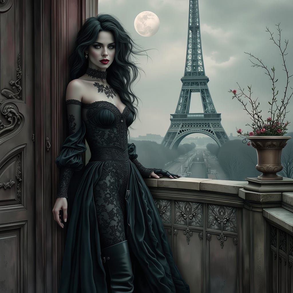 Gothic Parisian Woman with Dark Hair and Black Lace Gown