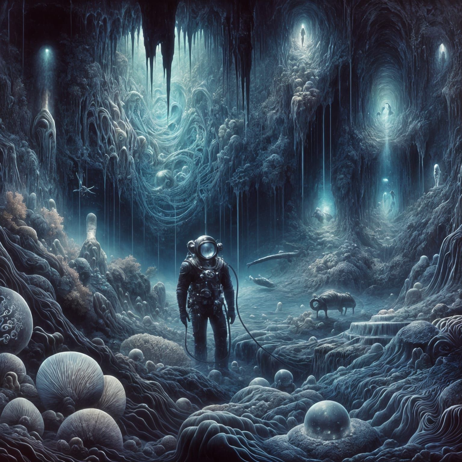 Deep-Sea Diver in Bioluminescent Underwater Cave