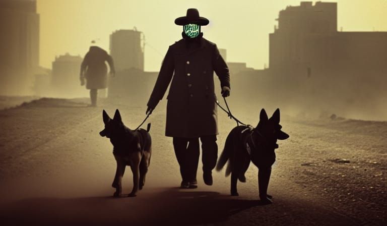 Gas Masked Man and Dog in War-Ravaged City