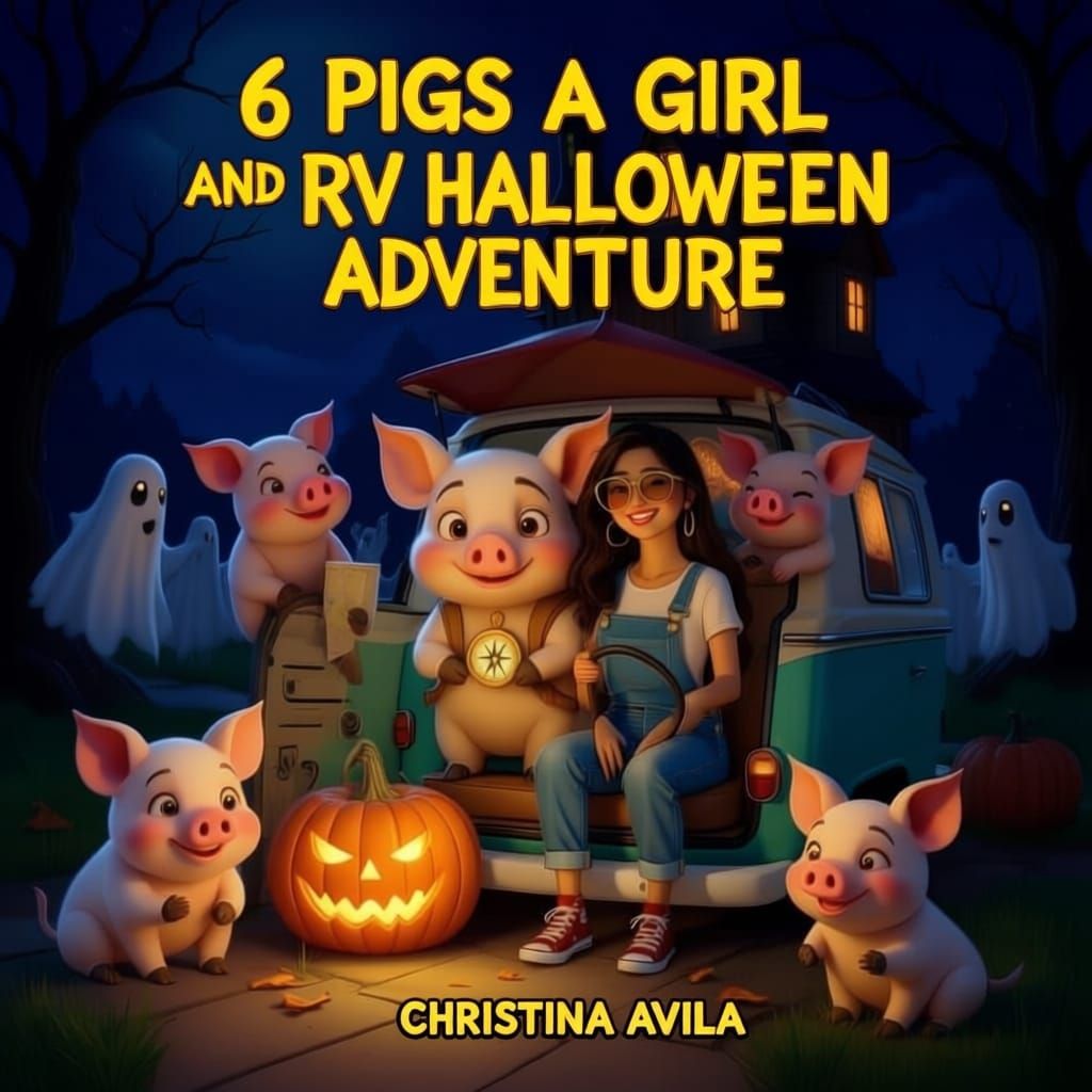 Halloween Book Cover: Girl, Pigs, RV, and Haunted House