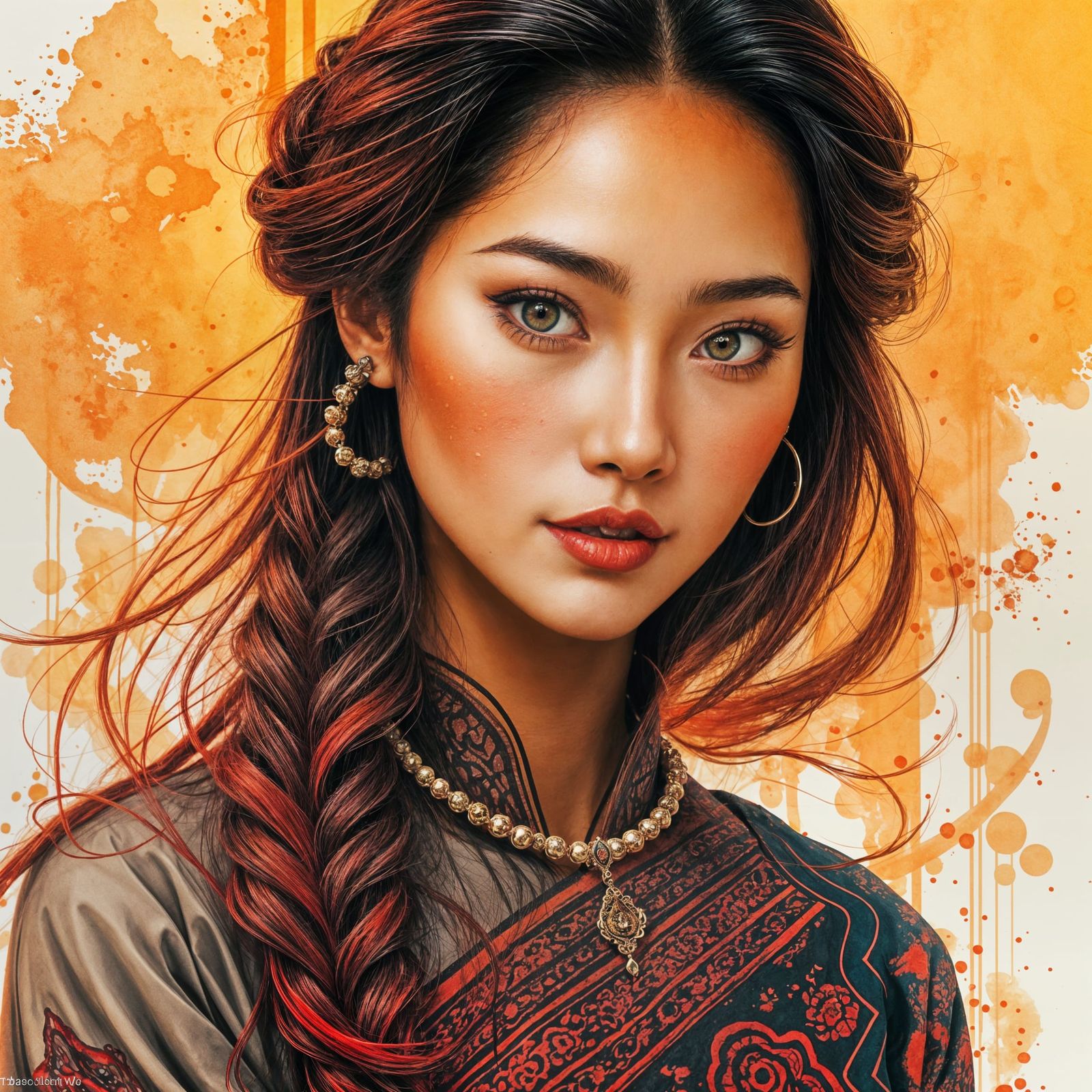 Thai Lady Portrait with Surreal Watercolor Background