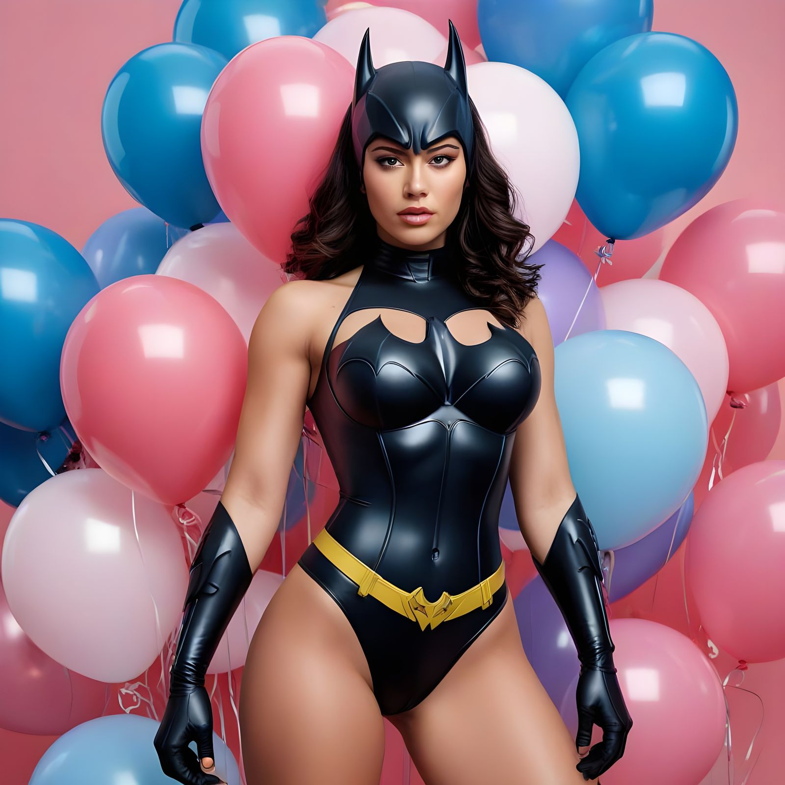 Sensual Korean Superheroine in Batman Suit Amidst Balloons