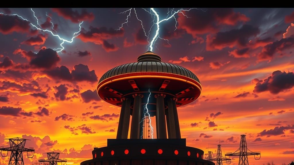 Golden Tesla Tower Strikes Lightning at Sunset