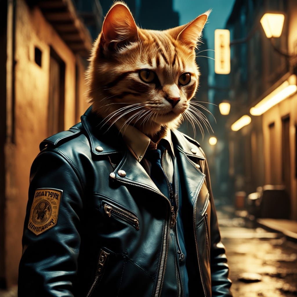 portrait of  a cute kitten biker in a bikier gang. Leather j...