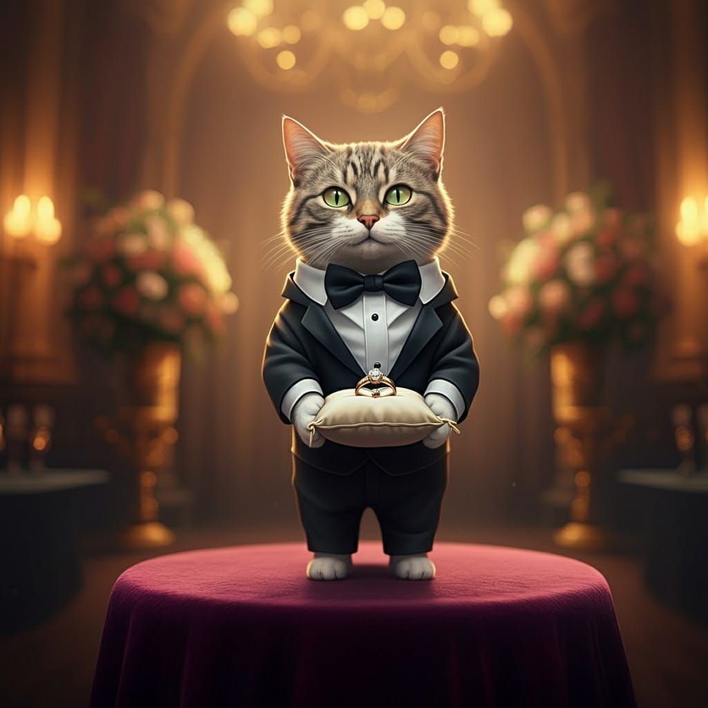 Charming Cat Ringbearer Poses Confidently in Miniature Tuxed...