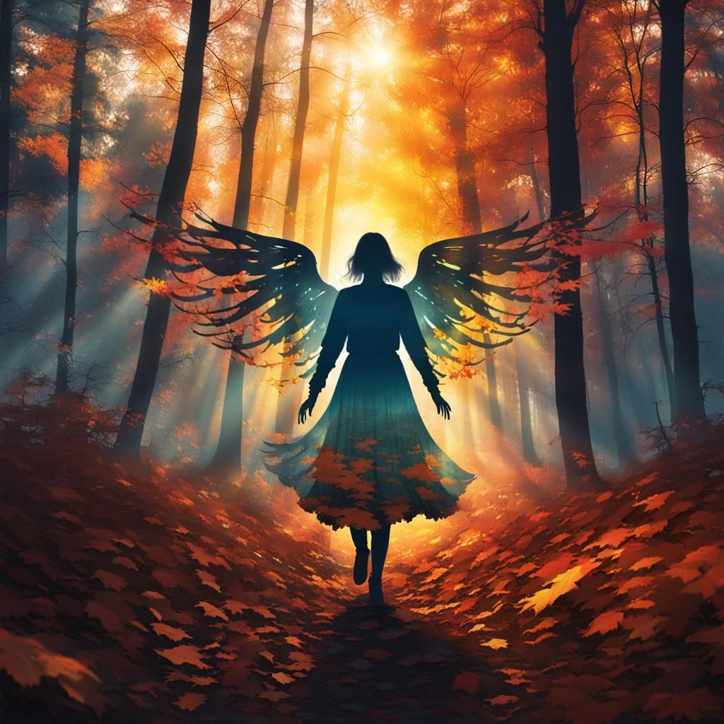 Angel Silhouette in Double Exposure Forest at Sunrise