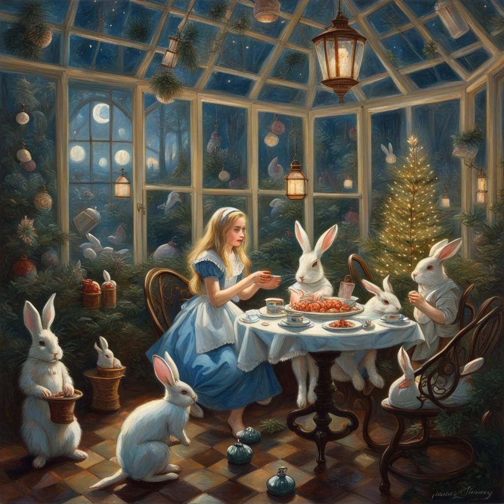 Christmas Rabbit Feast in Wonderland, Oil Painting
