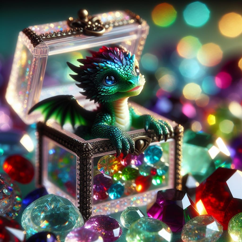Miniature Dragon Mesmerized by Jewels in Glass Box