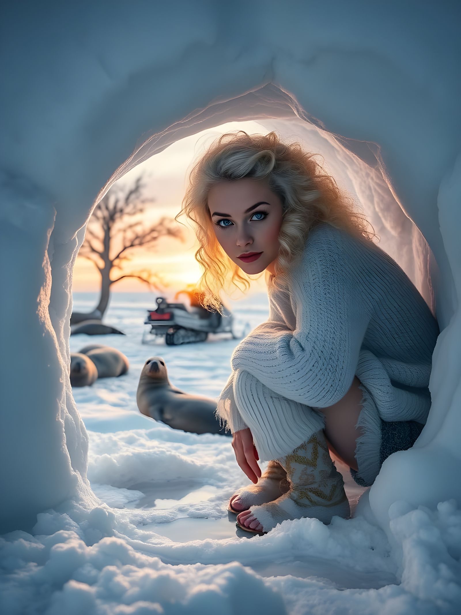 Albino Woman in Igloo Doorframe