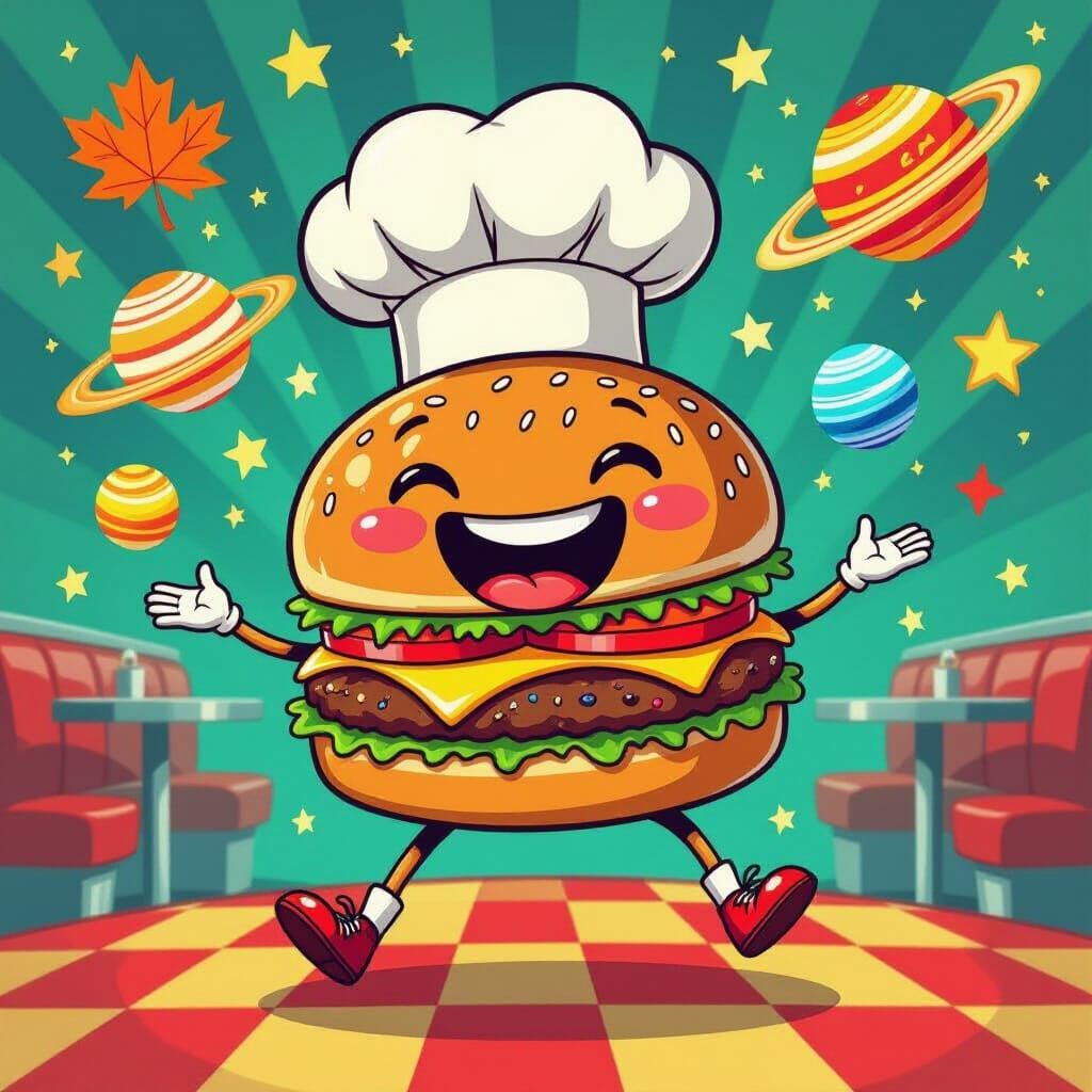 Cosmic Hamburger Chef Juggling Planets in Psychedelic Diner