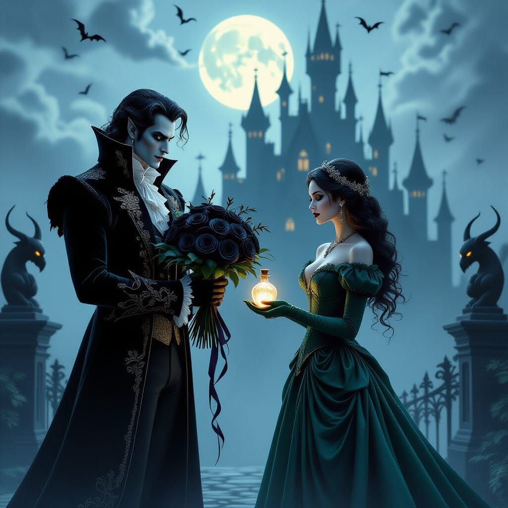 Vampire Offers Black Roses to Witch Before Gothic Castle