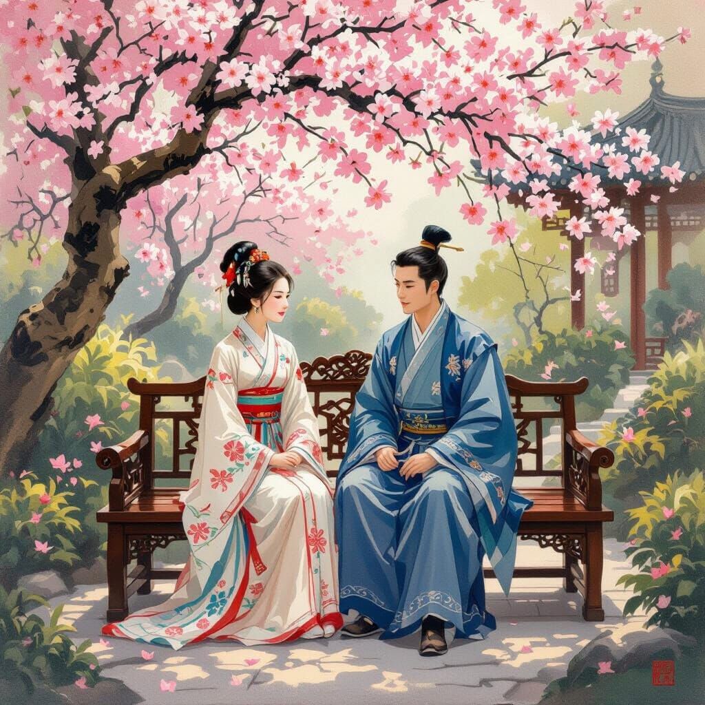 Asian Couple in Oriental Garden Oil Painting