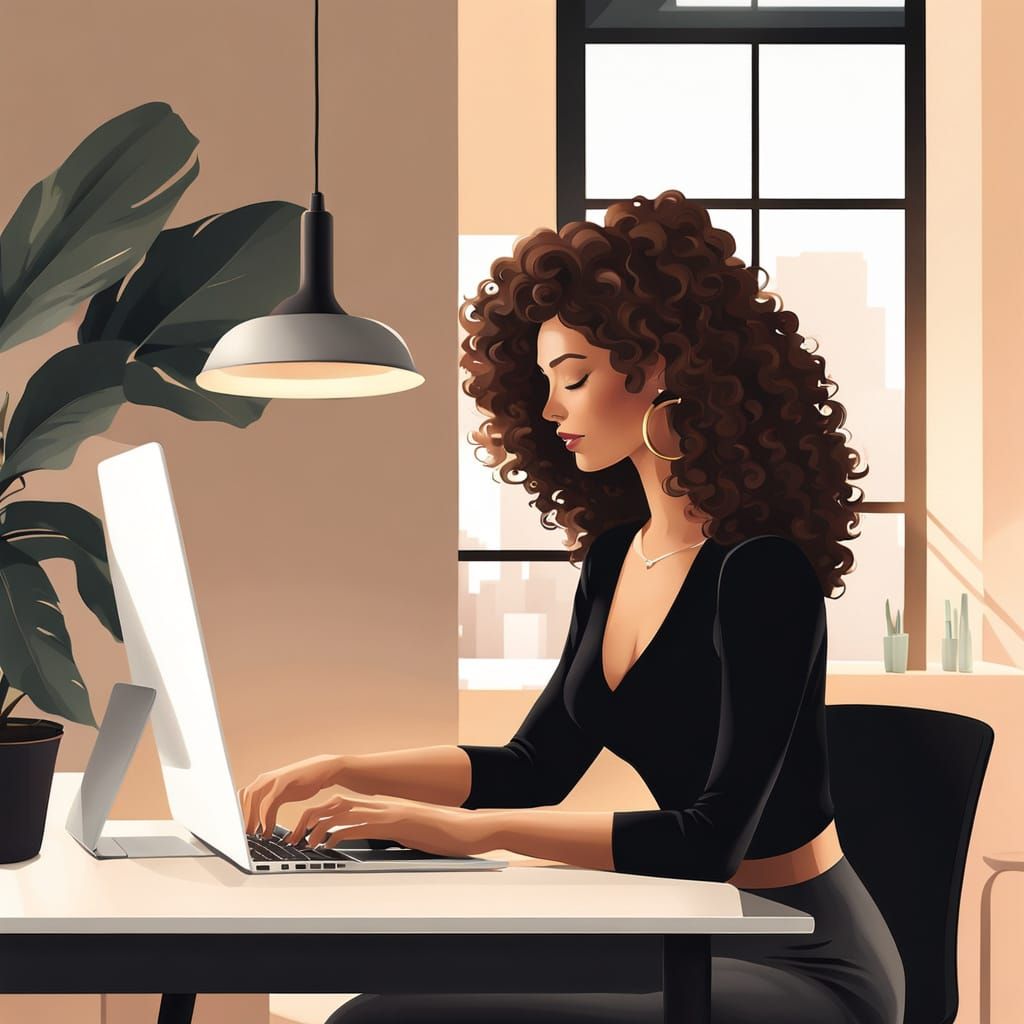 Semi-Realistic Digital Portrait of a Modern Woman Typing at ...