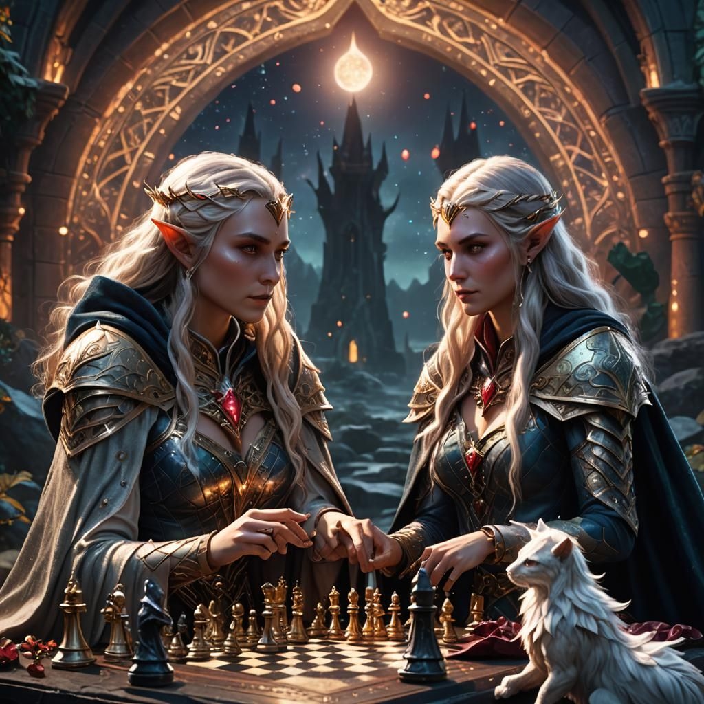 Elf Goddesses Play Chess in Fantasy Art Style