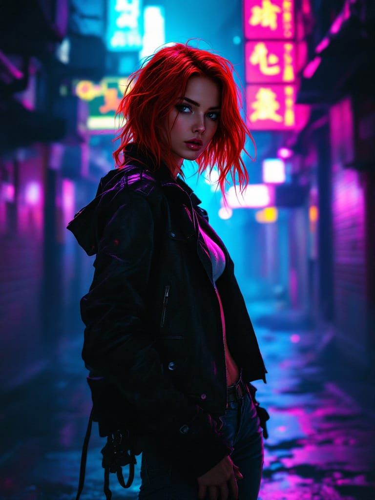 Cyberpunk Woman in Neon Alleyway