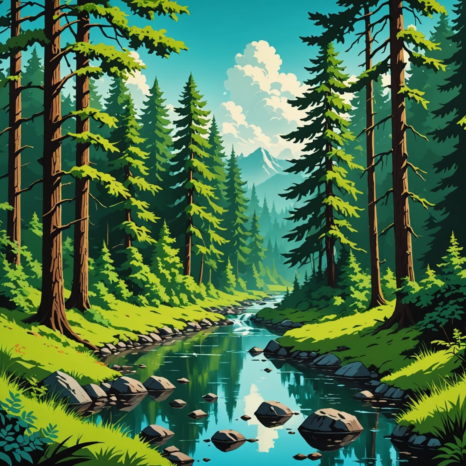 Lush Forest Landscape in Bob Ross Style
