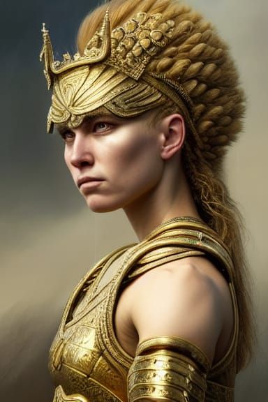 Royal Goddess in Golden Armor, Photorealistic Fantasy Art