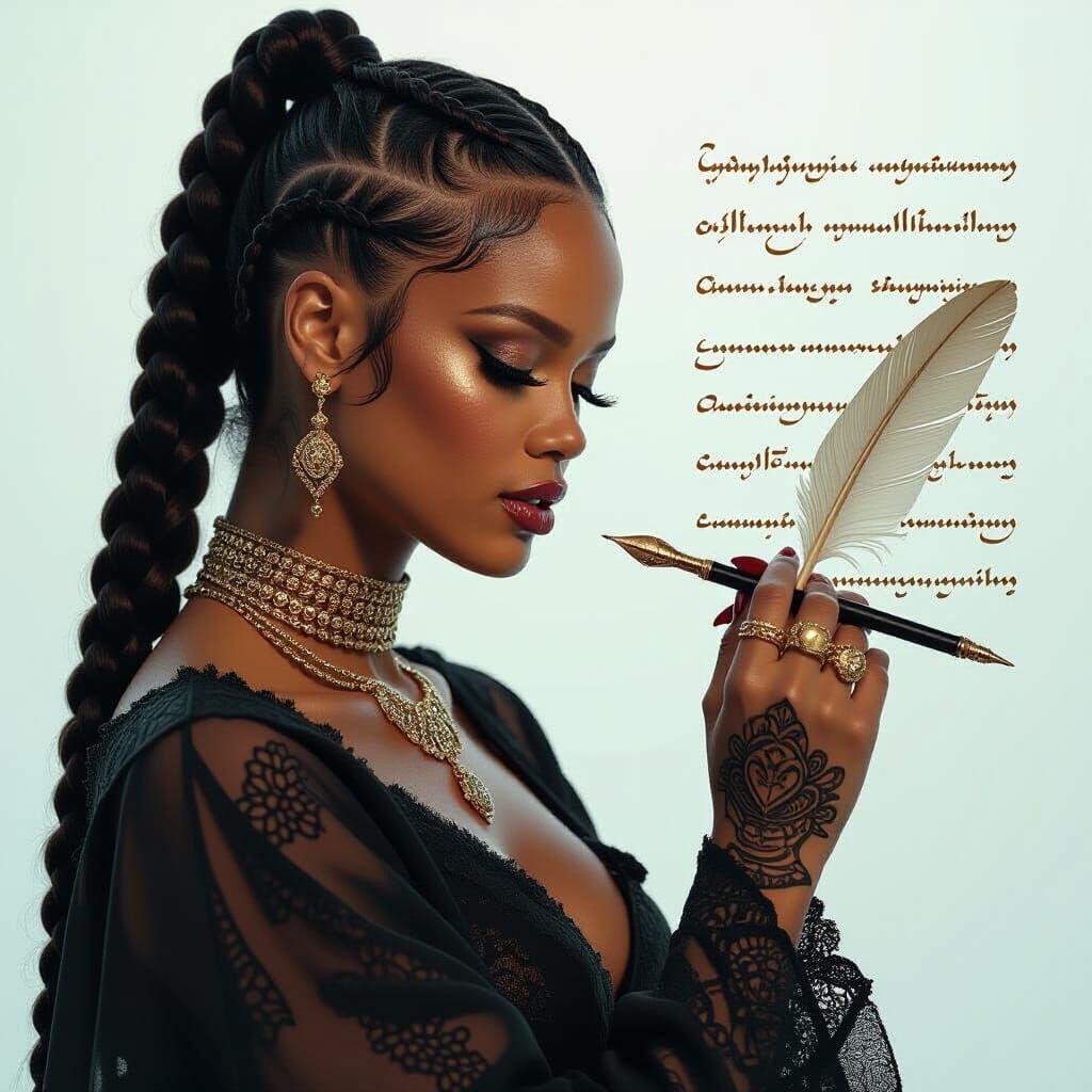 Rihanna Adorned with Script in Surreal Double Exposure