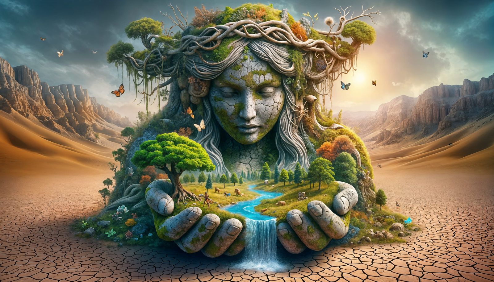Giant Mother Nature Holding Miniature Forest in Barren Lands...