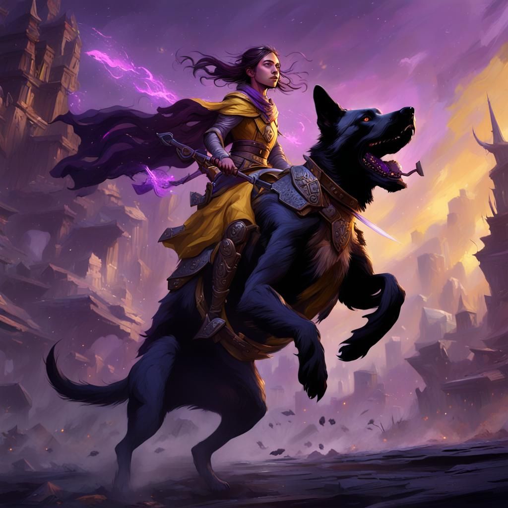 Girl Rides Dog into Battle: Dark Fantasy Art
