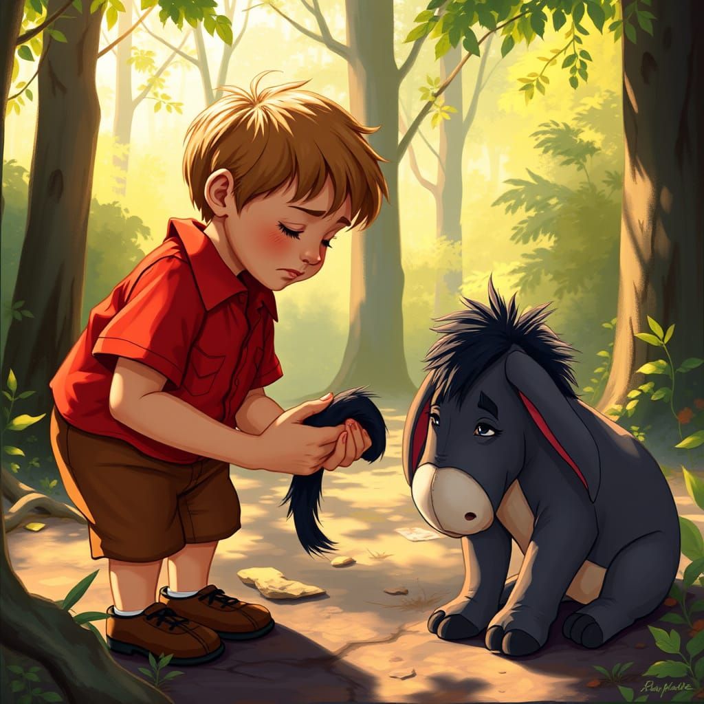 Christopher Robin Tenderly Holds Eeyore's Tail in a Whimsica...