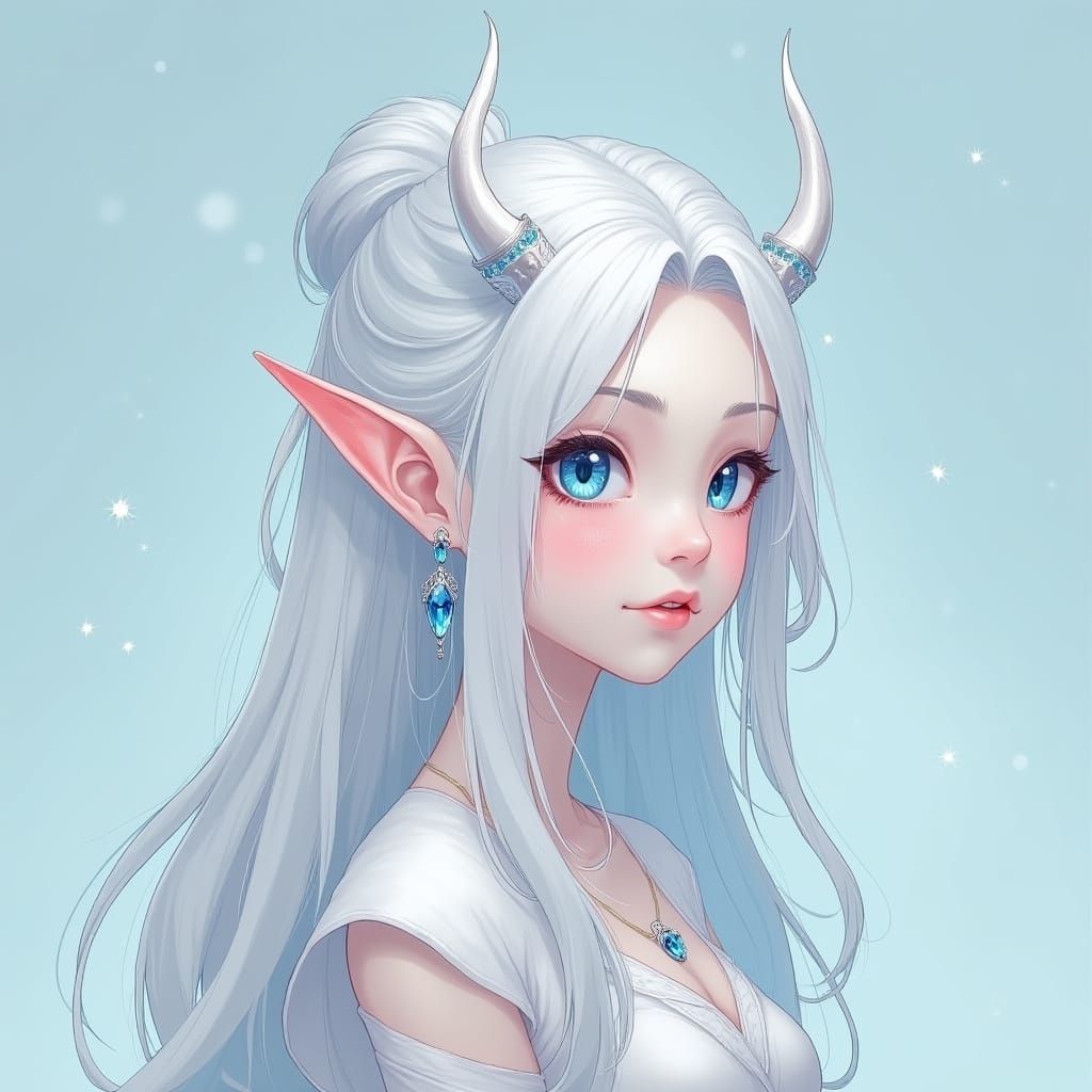 Winter Elf Maiden in Ethereal Anime Style with Snowy White H...