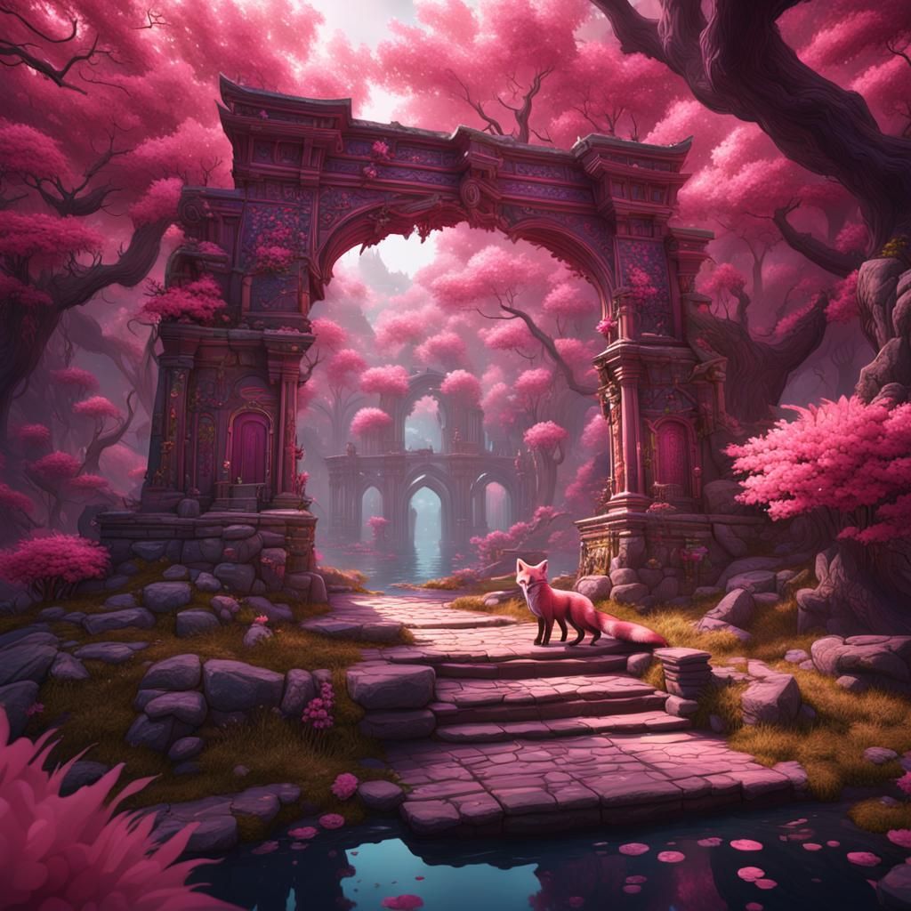 Fantastical Pink Fox in Detailed Matte Painting