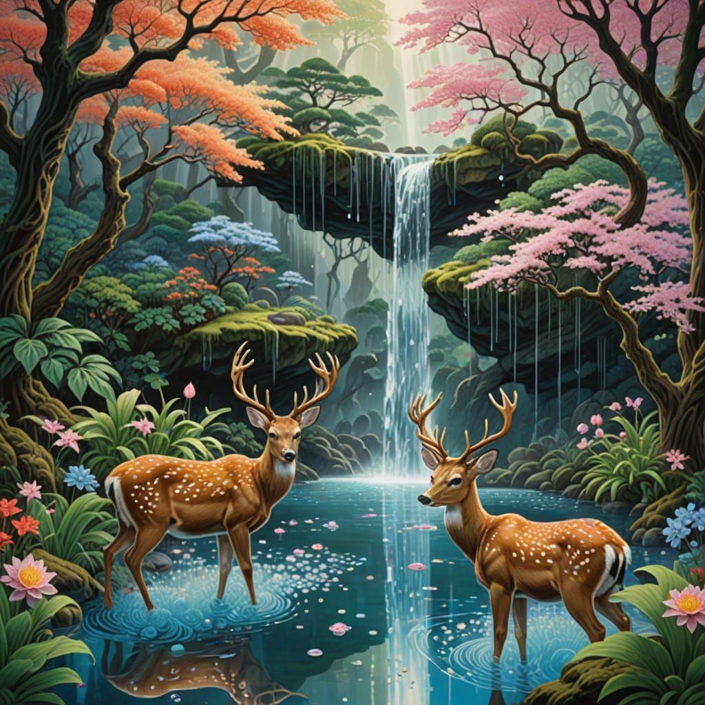 Dreamlike Japanese Landscape with Hidden Waterfall and Lush ...