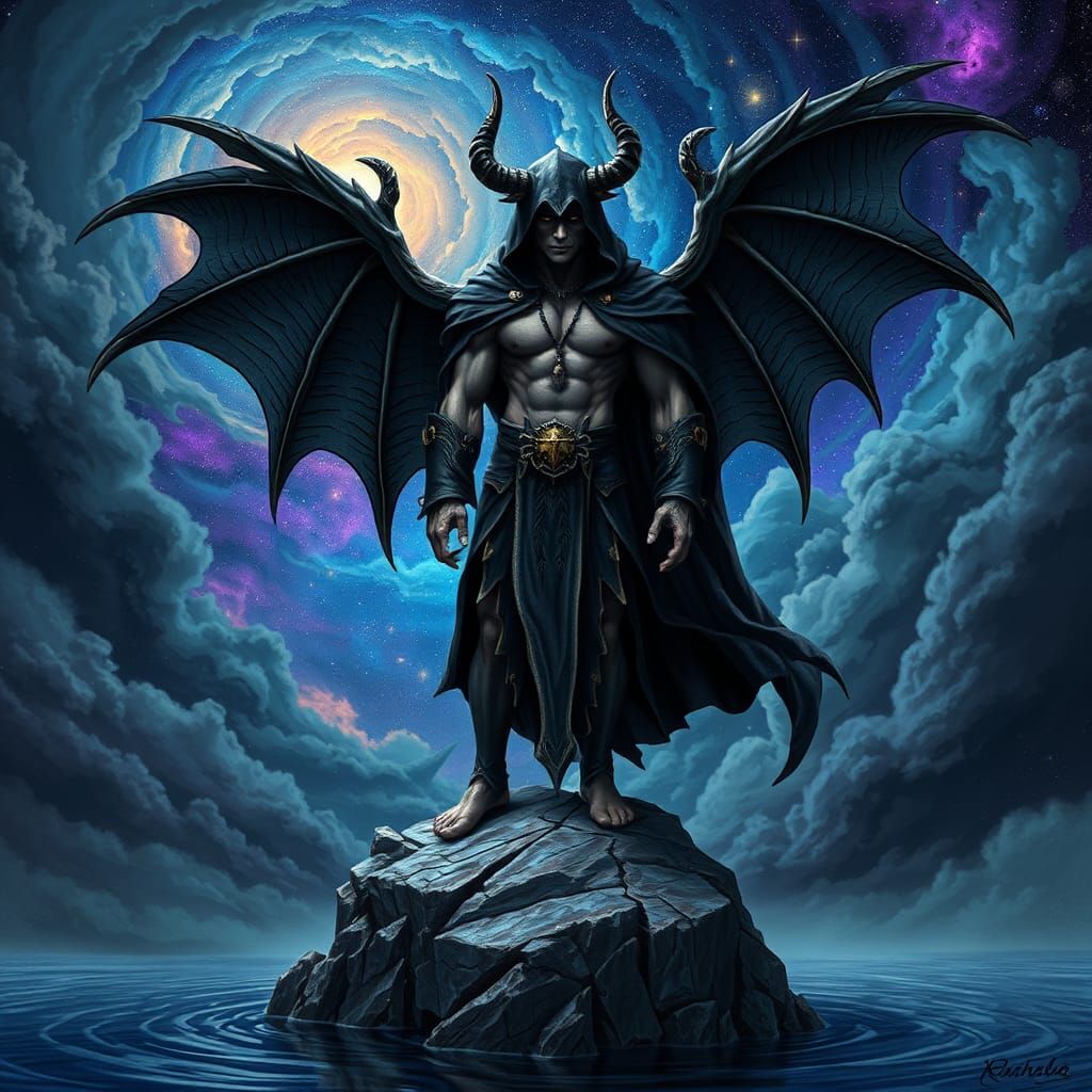 Dark Winged Creature in Starry Cosmos