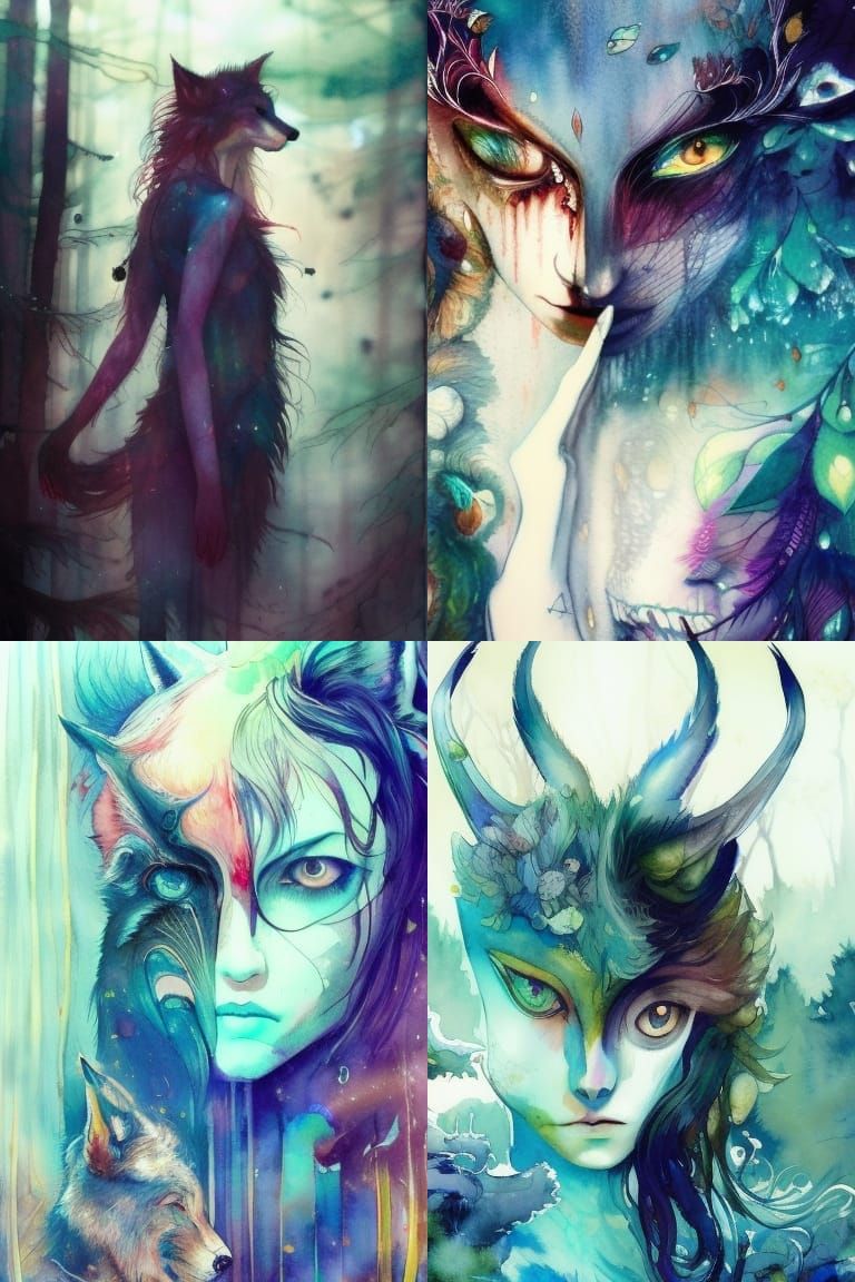 Mysterious Wolf-Human Portrait in Watercolor Style