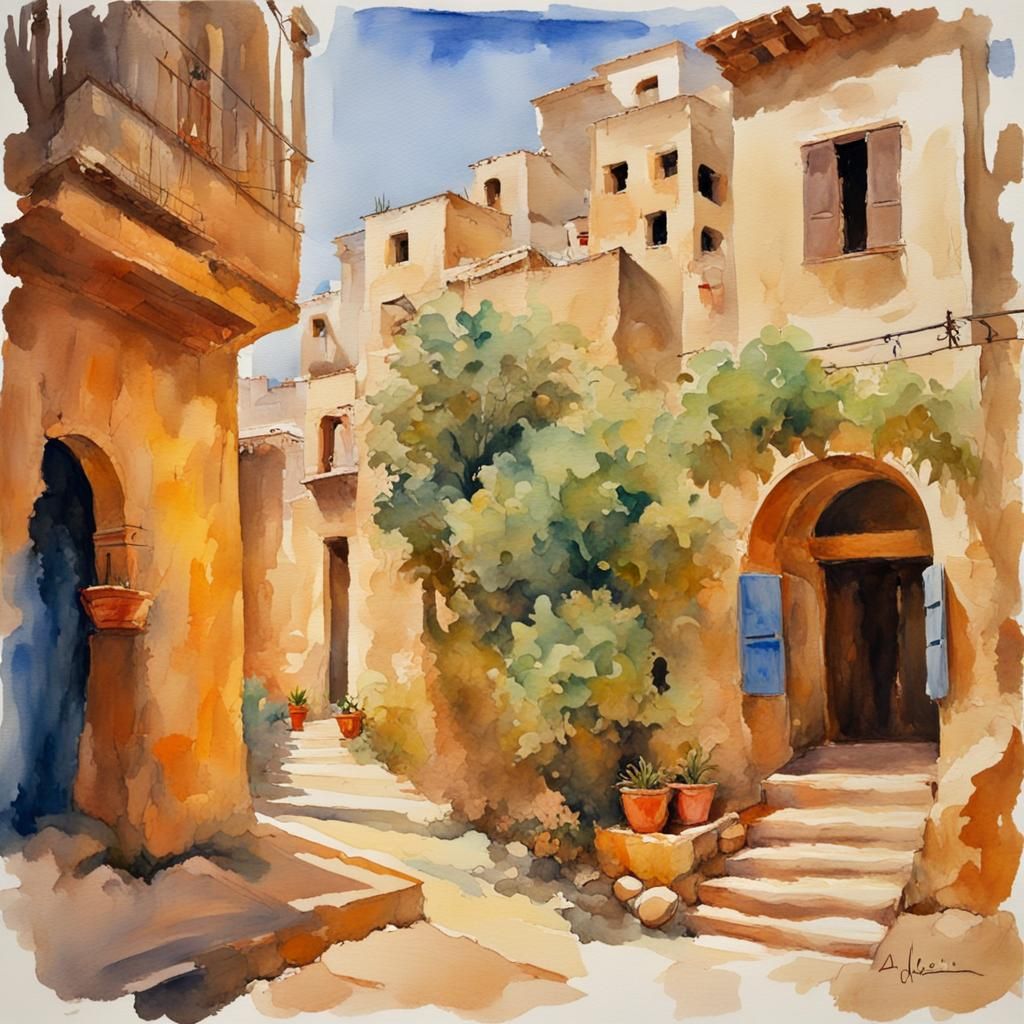 Algeria in Gouache Style Watercolor Masterpiece
