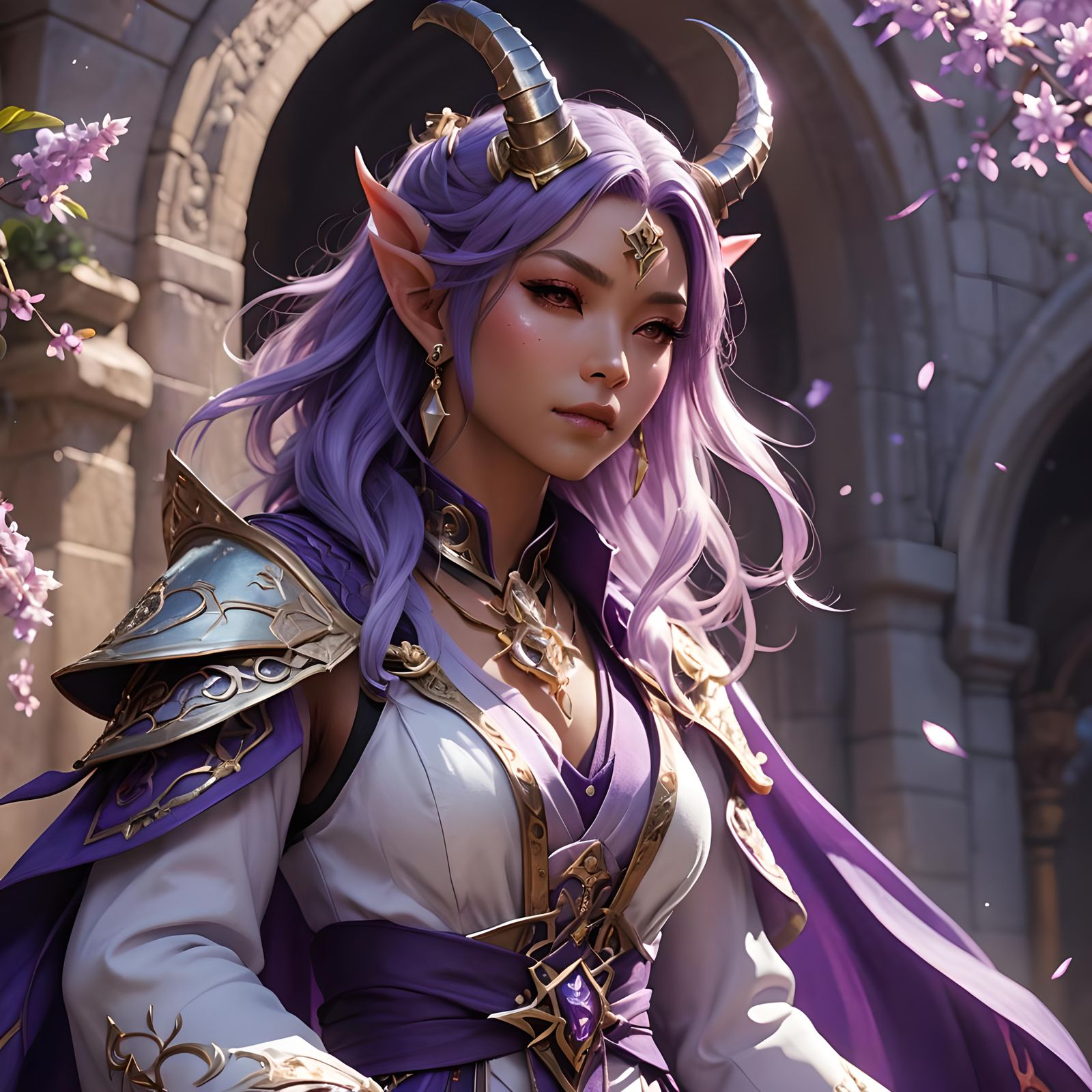 Purple Half-Tiefling Sorceress in Anime Style