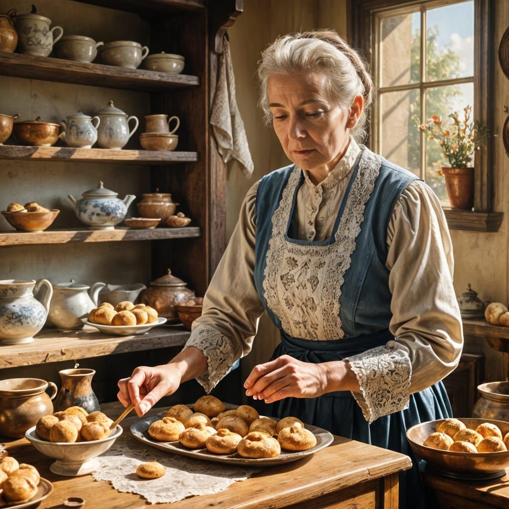 Dutch Golden Age Pastry Chef in Sunlit Kitchen