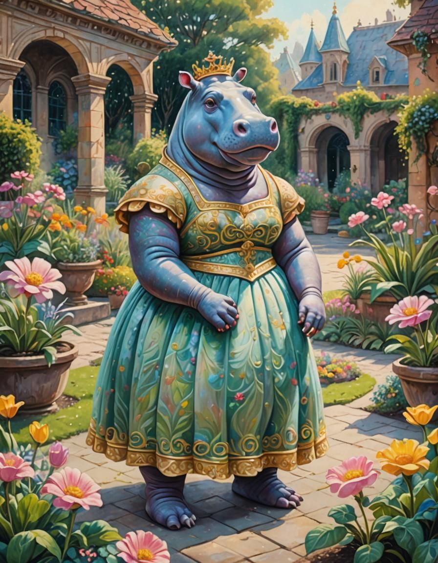 Hippo Princess in Garden: Art Nouveau Oil Pastel