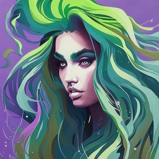 Woman with Flowing Green Hair, Liquid Gouache Painting