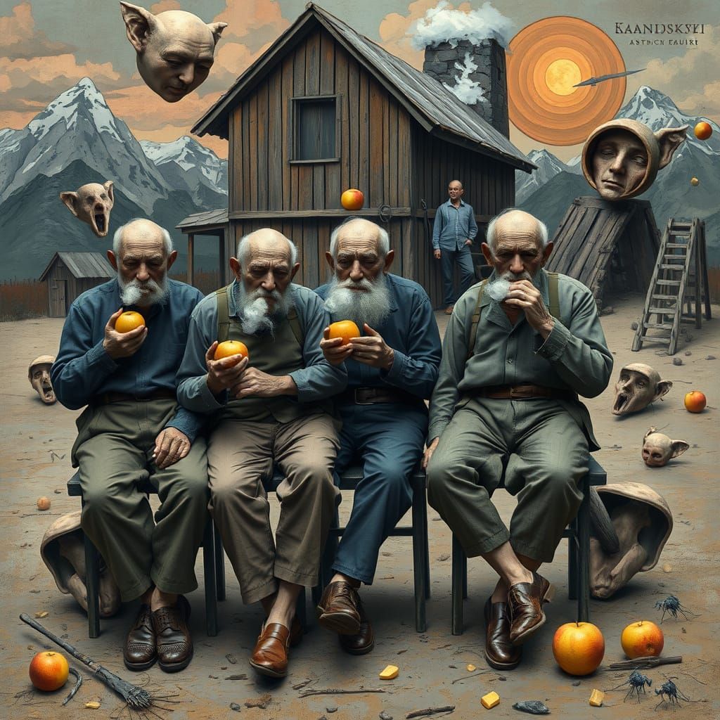 Surreal Men Smoke Apples in Distorted Landscape