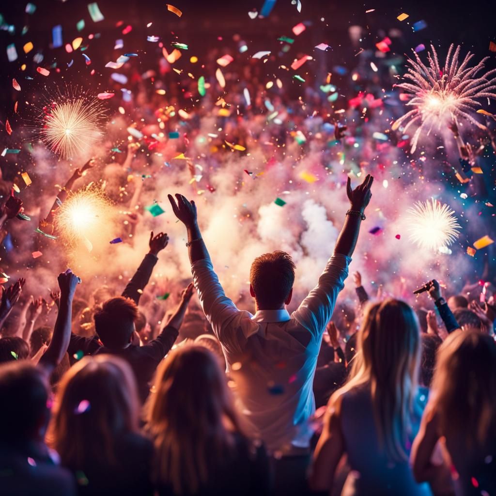 Vibrant Music Concert with Confetti and Fireworks