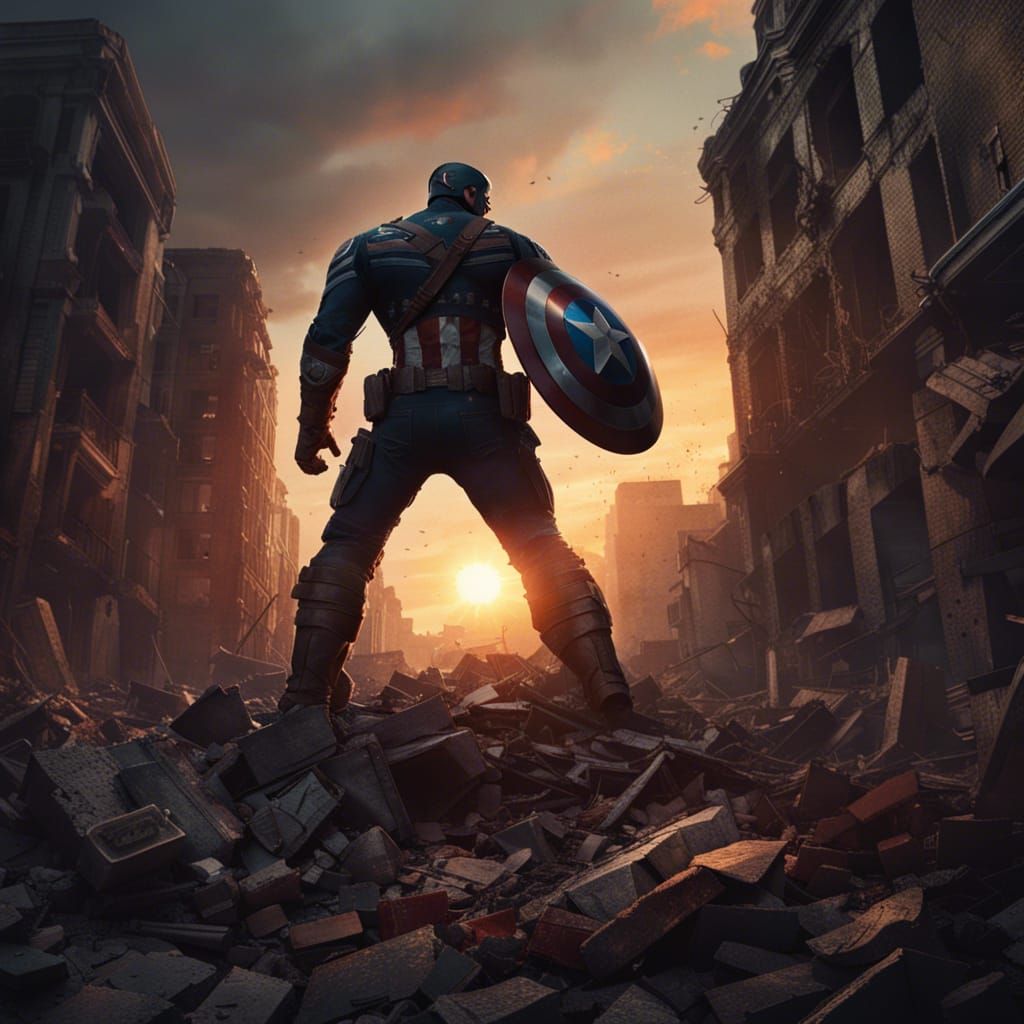 Captain America in a Destroyed City, Matte Painting