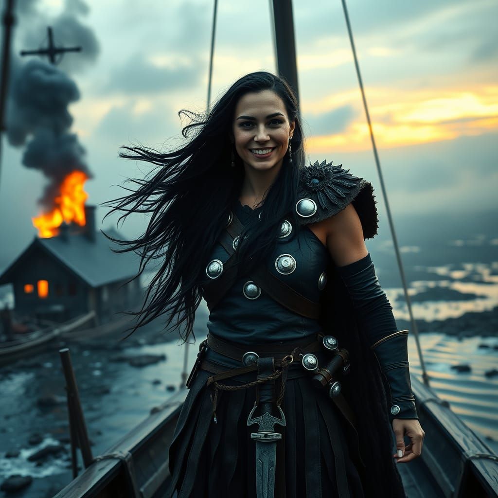 Viking Warrior Woman Amidst Nordic Dawn
