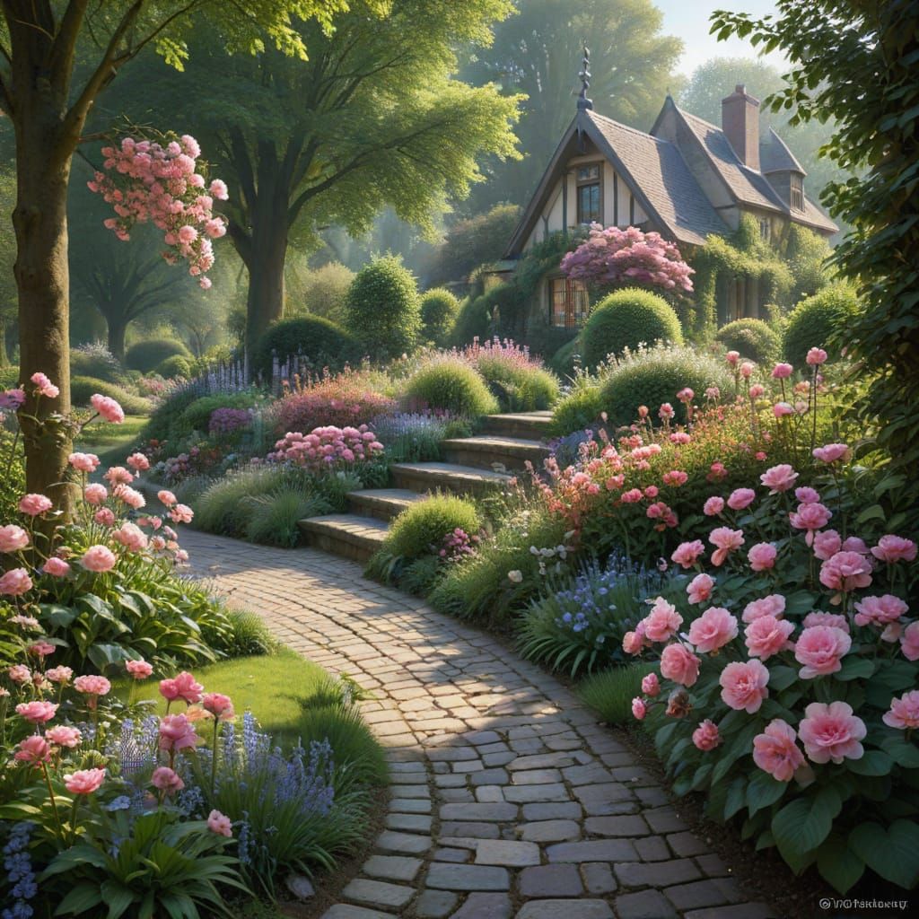 Charming Garden Scene in Whimsical Style with Stone Staircas...