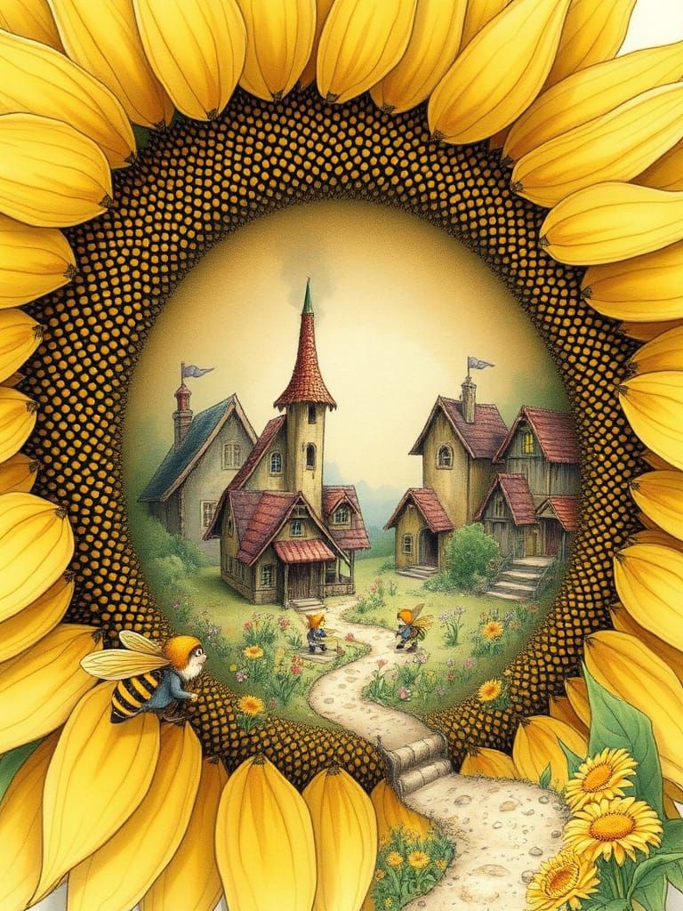 Gnome Village Inside Sunflower, Fairytale Illustration