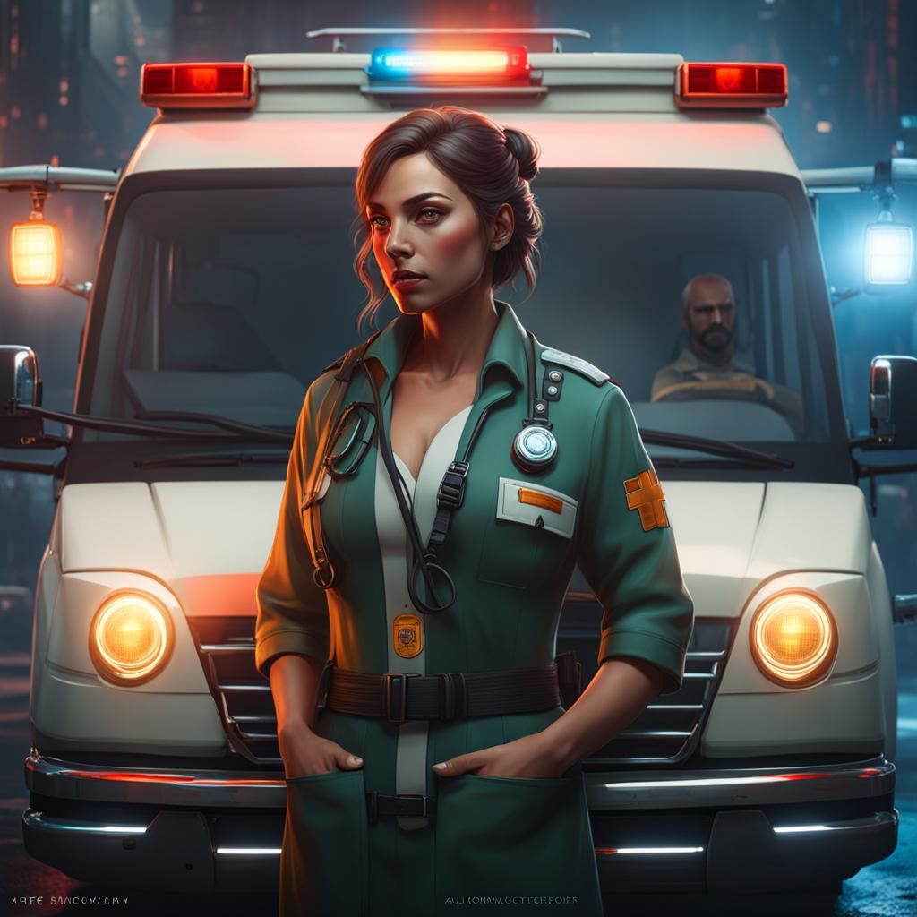 Detailed Ambulance Car Portrait in Art Nouveau Style