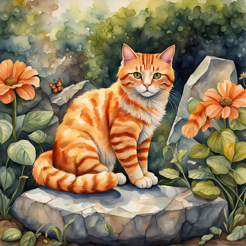 Orange Cat in Garden: Watercolour Illustration