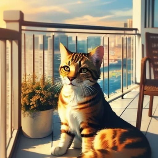 Cat on Balcony in Warm Sunlight - Oil Painting Style