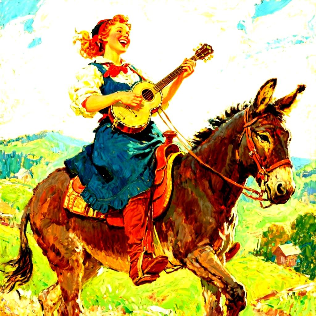 Whimsical Hillbilly Woman Playing Banjo in Rockwell Style